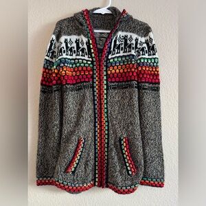Alpaca Pattern Sweater Youth Zip Up Knit Hoodie Gray & Colorful Rainbow Small